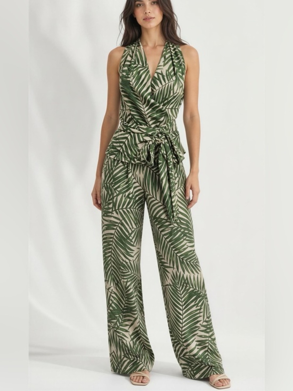 Women’s Green Palm-Print Sleeveless Wrap Top and Wide Leg Pants Set